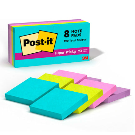 Notas Adhesivas 3M Post-it Super Sticky Miami 2x2 pulg (5X5 cms) block c/90h paq c/8 blocks
