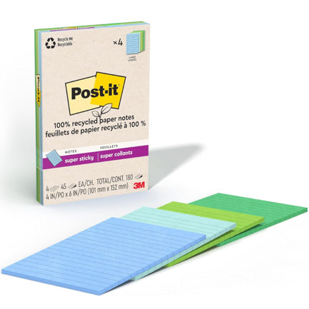 Block 3M Post-it Raya Super Sticky Oasis 4x6 pulg (10.16X15.24 cms) block c/45 paq c/4 Blocks