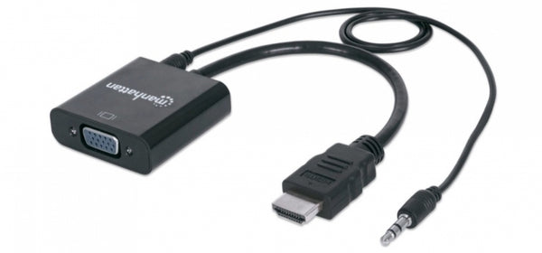 INTRACOM CABLE ADAPTADOR CONVERTIDOR HDMI A VGA AUDIO 3.5MM 1080P M-H Convertidor Manhattan HDMI/3.5mm a VGA de 2.5m. Color Negro HDMI A VGA + AUDIO 3.5MM 1080P M-H