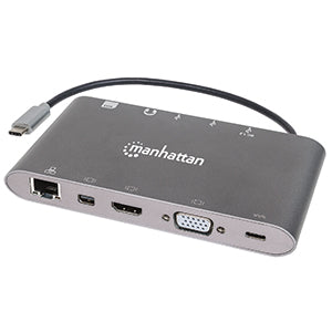 INTRACOM DOCKING 7-1 USB-C A HDMI VGA RJ45 MINI DP 3 USB 3.5MM LECTOR SD Manhattan Docking Station 152808 USB C, 3x USB 3.0, 1x USB C, 1x HDMI 1x VGA, Plata RJ45 MINI DP 3 USB 3.5MM LECTOR SD
