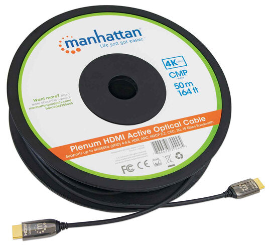 INTRACOM CABLE HDMI 2.0 FIBRA OPTICA M-M 50.0M Manhattan Cable HDMI Plenum, HDMI Macho - HDMI Macho, 50 Metros, Negro 50.0M