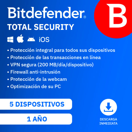 Licencia Antivirus Bitdefender ESD Total Security MD 1 Año 5 Usuarios