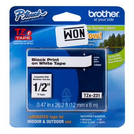 Cinta Brother TZ-231 Laminada Negro sobre Blanco 12mmx8m PT320/340/520/540