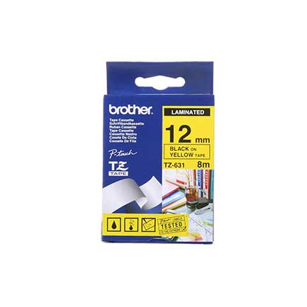 Cinta Brother TZE631 Laminada Texto Negro Sobre Fondo Amarillo 12mmx8m
