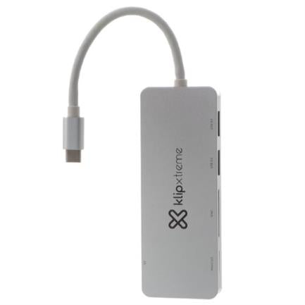 HUB USB Klip Xtreme Tipo C HubPoint KCR-500 de 5 puertos 2 USB 3.0 1 tipo C 1 Micro-SD 1 Tarjeta SDXC Plateado