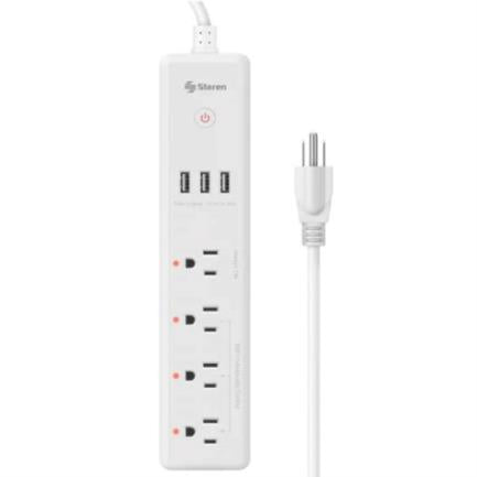 Barra Steren Multicontacto Wi-Fi de 4 Salidas Horizontales y Triple Cargador USB Color Blanco