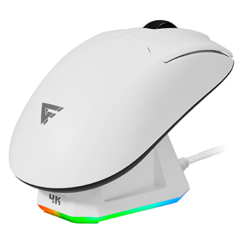 MOUSE GAME FACTOR MOW800 INALAMBRICO WIRELESS 2.4G BT PIXART 3395 26.000 DPI 4K HZ BASE RGB ULTRALIGERO 56G BLANCO