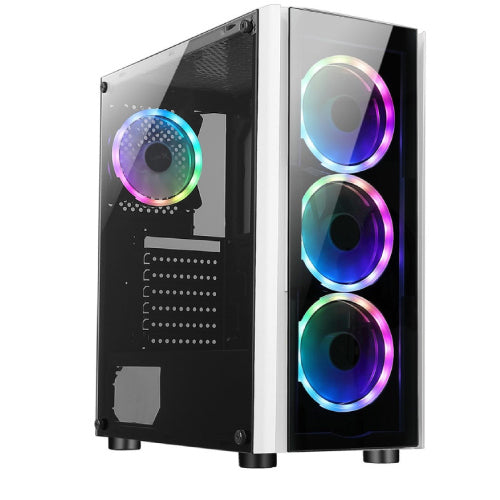 Gabinete Gamer Mid Tower Xzeal XZ110-1 ATX Panel Izq. Vidrio Aluminio 1xUSB3.0 1xUSB2.0 1x3.5mm 3 Fan RGB Blanco