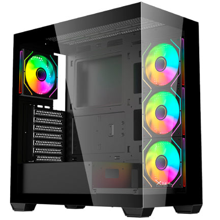 Gabinete Gamer Mid Tower Xzeal ATX Panel Der. Vidrio + Metal 2xUSB1.0 + 1xUSD3.0 + 3.5 mm + 4 ARGB Fans + 1 HUB Negro
