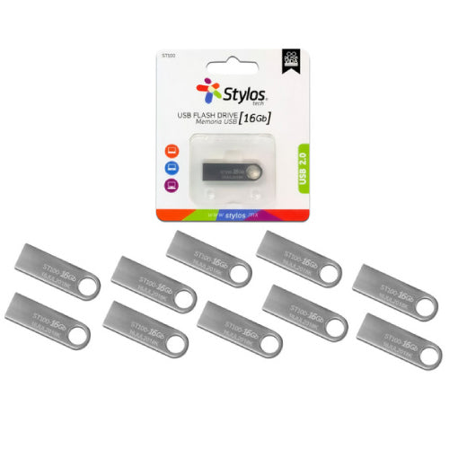 Kit 10 Memorias USB Stylos ST100 16GB Conexion Tipo A 2.0 Metalica Plata